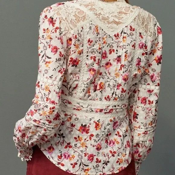 Anthropologie Puff Sleeved Lace Buttondown Top Blouse Multi Floral Boho - Picture 2 of 16